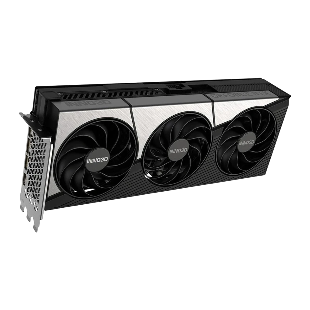 INNO3D GeForce RTX 5090 X3 OC 32GB GDDR7, kit con caja: ángulo más abierto mostrando la tarjeta en posición horizontal junto - Ítem3
