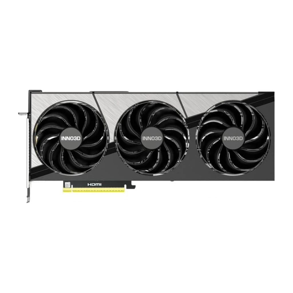 INNO3D GeForce RTX 5090 X3 OC 32GB GDDR7, kit con caja: ángulo más abierto mostrando la tarjeta en posición horizontal junto - Ítem1