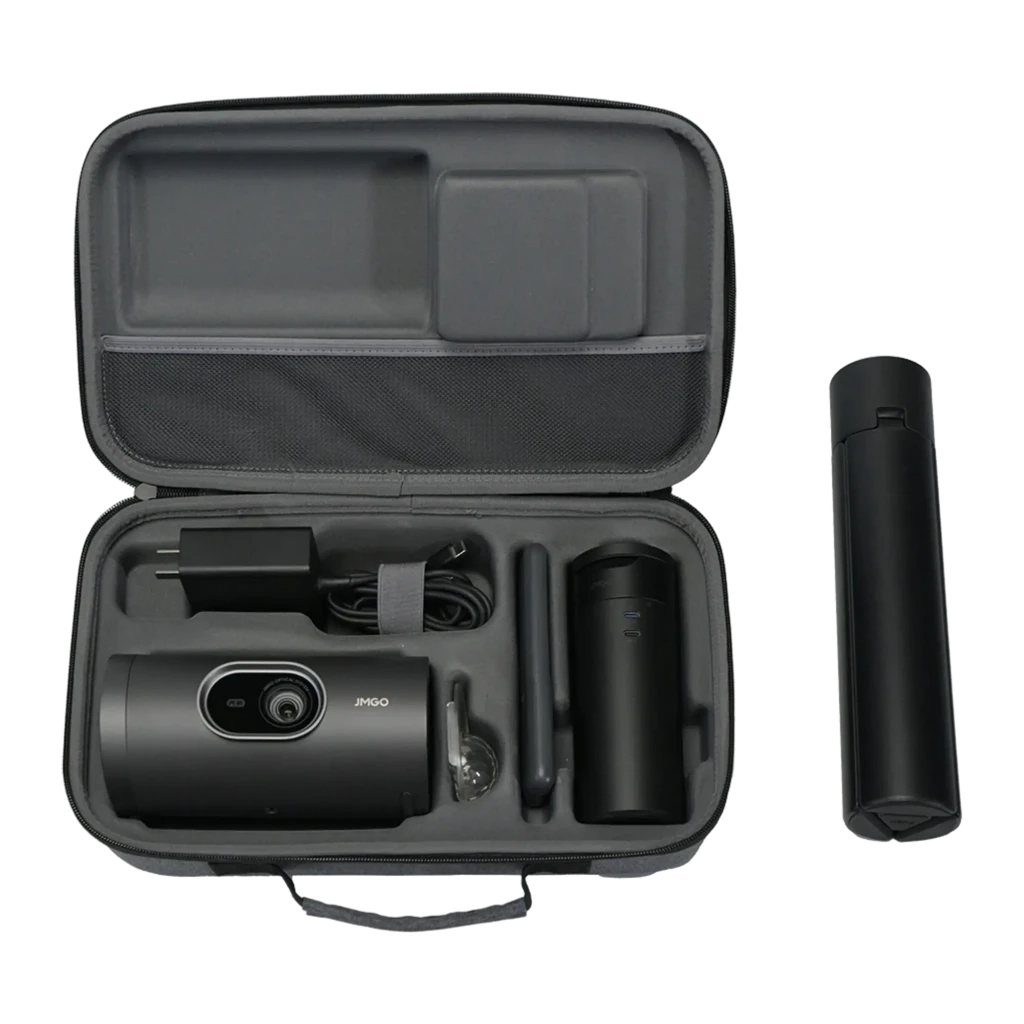 JMGO Picoplay+ Projecteur 16GB gris, vue avant: objectif optique central avec inscription JMGO Optical System et logo latéral - Ítem3