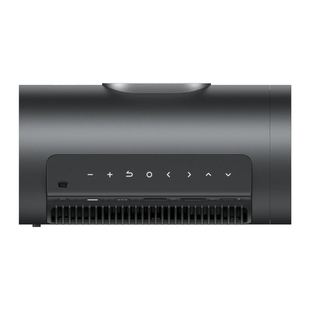 JMGO Picoplay+ Projecteur 16GB gris, vue avant: objectif optique central avec inscription JMGO Optical System et logo latéral - Ítem1