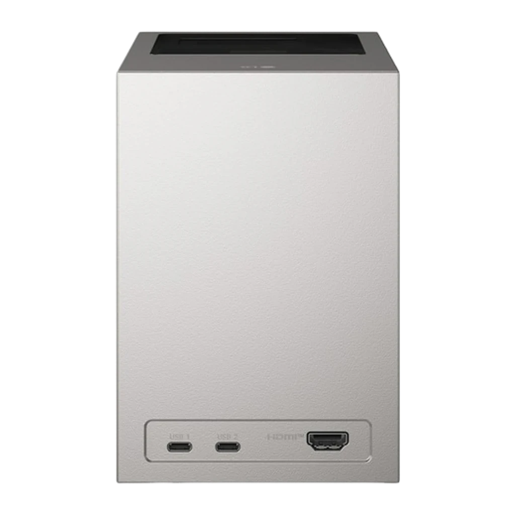 LG HU710PB projecteur DLP 4K argenté, vue isométrique: corps cubique avec grille latérale, objectif supérieur et logo LG - Ítem1