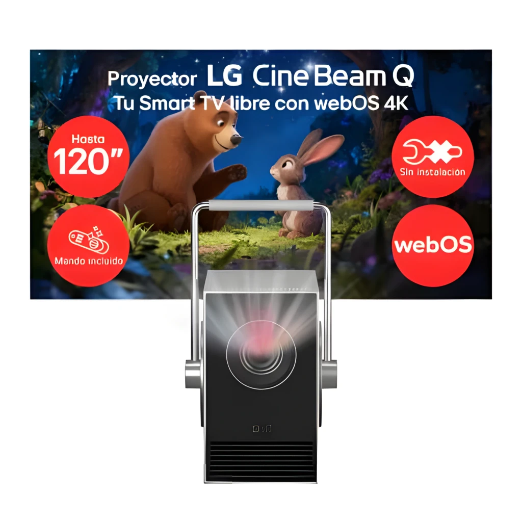 LG PU600U projecteur 4K UHD 600 lumens argent, vue en angle: objectif frontal, haut-parleur circulaire latéral et poignée - Ítem4