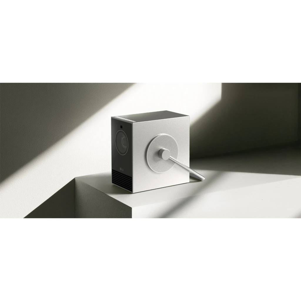 LG PU600U projecteur 4K UHD 600 lumens argent, vue en angle: objectif frontal, haut-parleur circulaire latéral et poignée - Ítem5