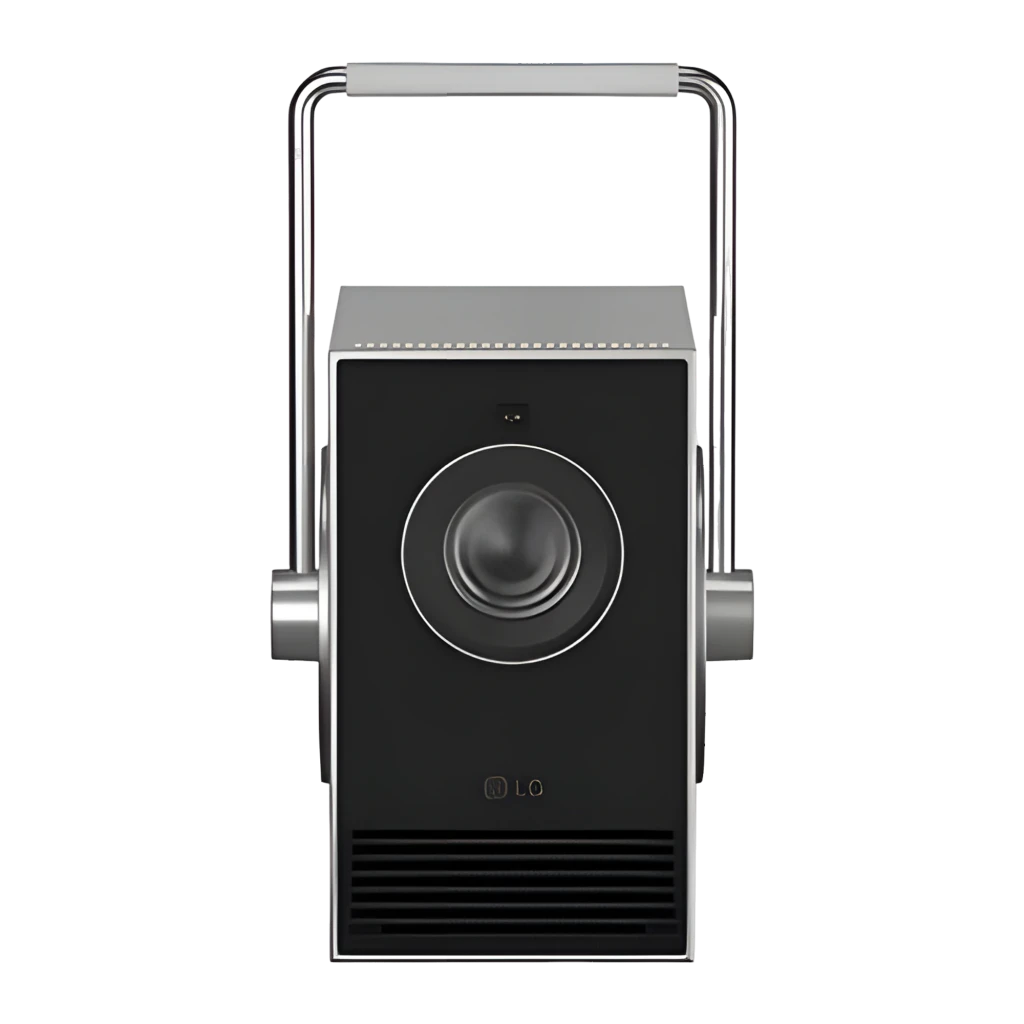 LG PU600U projecteur 4K UHD 600 lumens argent, vue en angle: objectif frontal, haut-parleur circulaire latéral et poignée - Ítem1