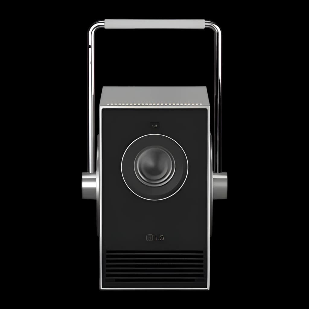 LG PU600U projecteur 4K 600lm noir, vue avant: objectif circulaire central, poignée métallique chromée et grille de