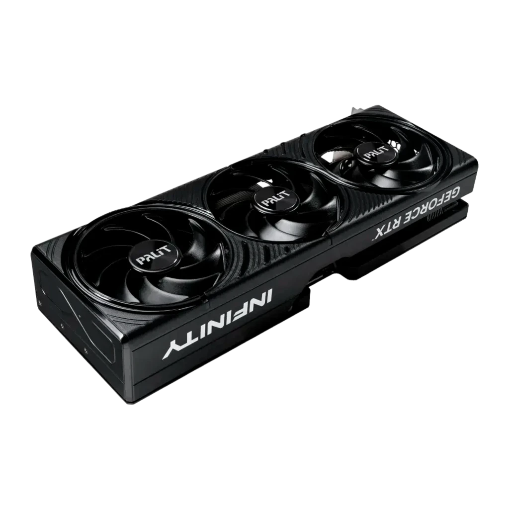 Palit RTX 5080 Infinity 3 16GB preta, caixa e placa: embalagem frontal ao lado da GPU com três ventoinhas - Item3