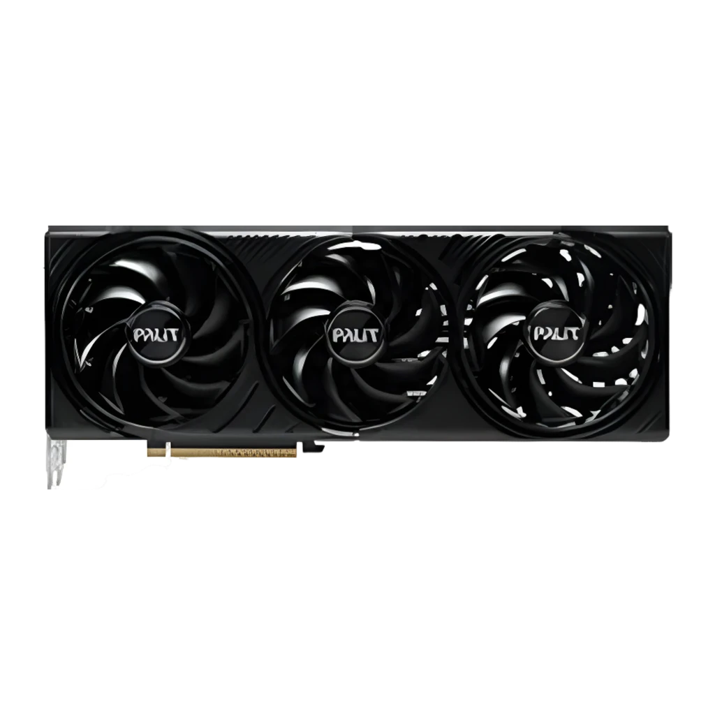 Palit RTX 5080 Infinity 3 16GB preta, caixa e placa: embalagem frontal ao lado da GPU com três ventoinhas - Item4