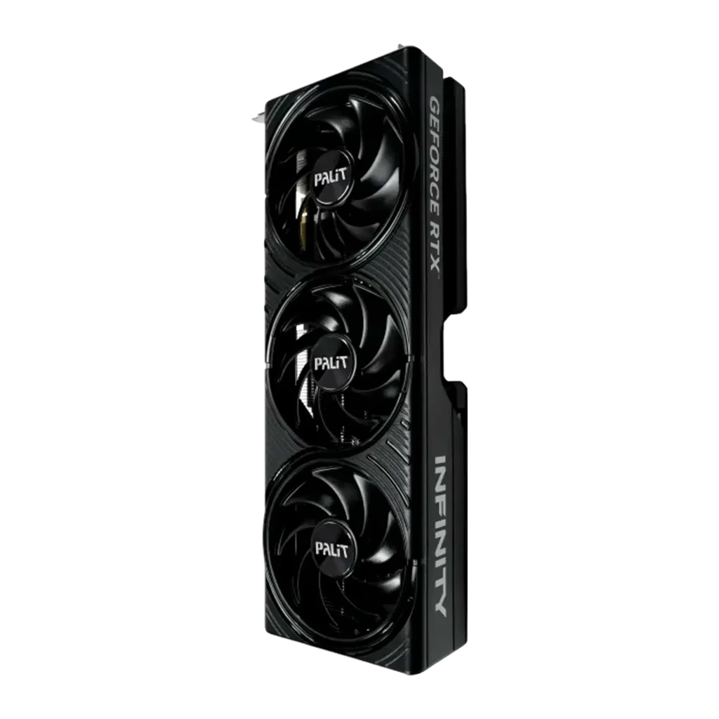 Palit RTX 5080 Infinity 3 16GB preta, caixa e placa: embalagem frontal ao lado da GPU com três ventoinhas - Item1