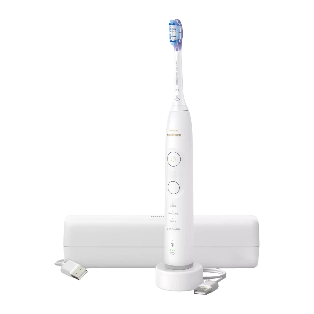 Philips Sonicare Series 7100 blanco, vista frontal: mango con botón de encendido, modos de limpieza y cabezal azul-morado - Ítem1