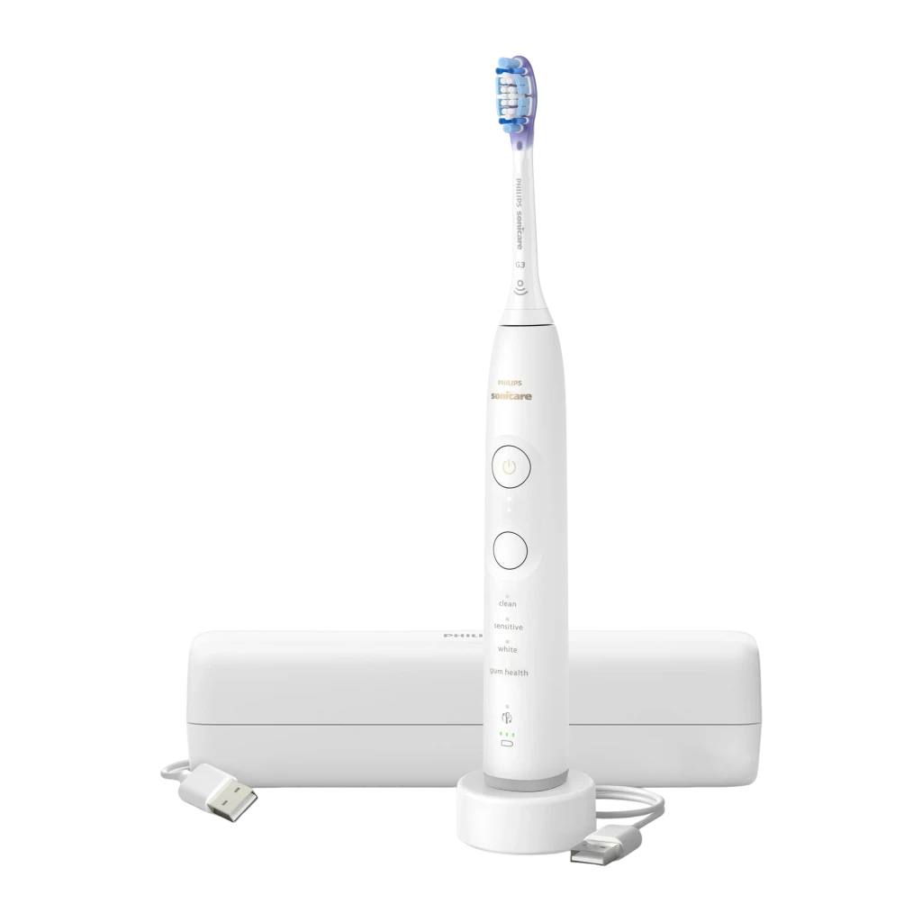 Philips Sonicare Series 7100 blanco, vista frontal: mango con botón de encendido, modos de limpieza y cabezal azul-morado - Ítem2