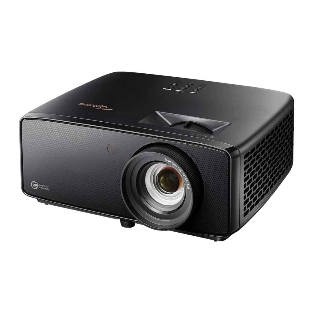 Optoma Projetor UZ38X 3800lm 4K Preto, vista frontal em ângulo: objetiva zoom, grelha de ventilação e painel de controlos - Item2