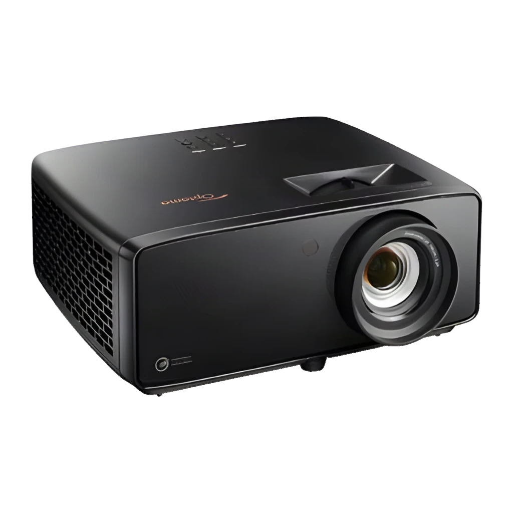 Optoma Projetor UZ38X 3800lm 4K Preto, vista frontal em ângulo: objetiva zoom, grelha de ventilação e painel de controlos - Item3
