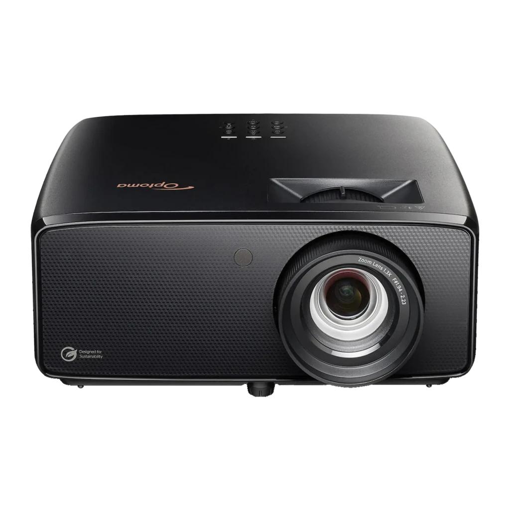 Optoma Projetor UZ38X 3800lm 4K Preto, vista frontal em ângulo: objetiva zoom, grelha de ventilação e painel de controlos - Item4