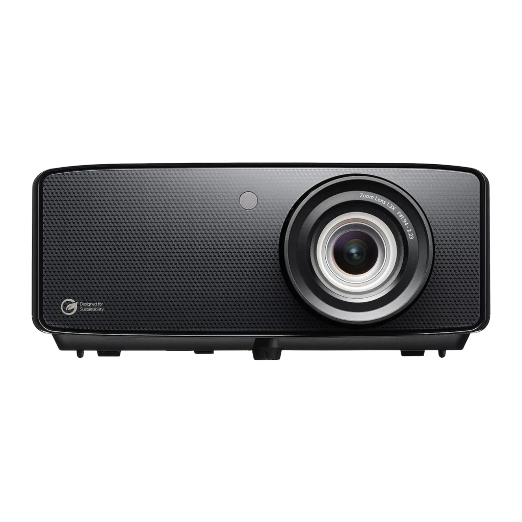Optoma Projetor UZ38X 3800lm 4K Preto, vista frontal em ângulo: objetiva zoom, grelha de ventilação e painel de controlos - Item5