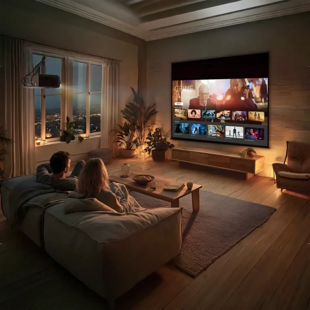 Optoma Projetor UZ38X 3800lm 4K Preto, vista frontal em ângulo: objetiva zoom, grelha de ventilação e painel de controlos - Item7