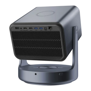 Hisense Proyector láser C2 Ultra DLP 4K UHD negro, vista trasera en ángulo: conectores HDMI USB LAN etiquetados, rejilla y