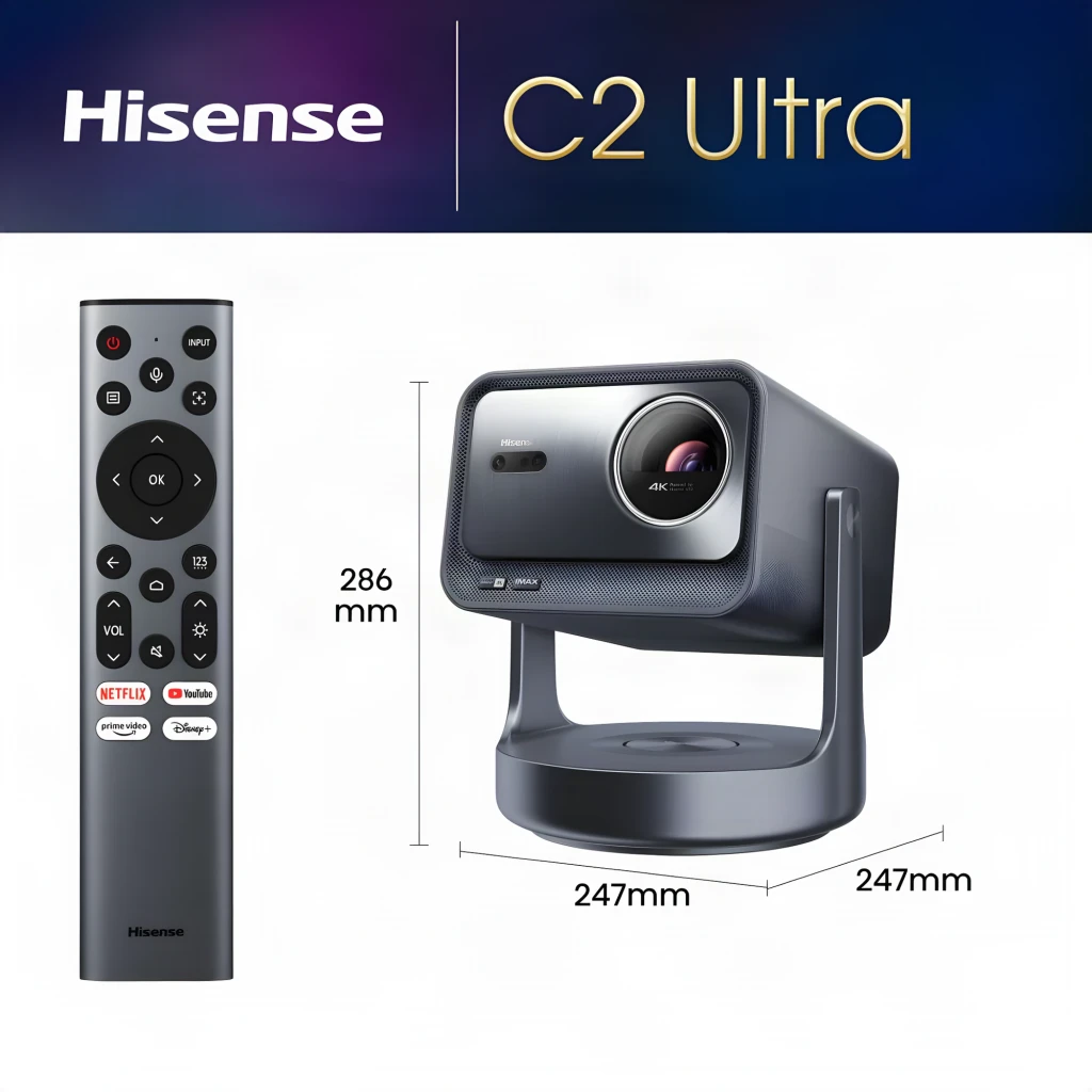 Hisense Proyector láser C2 Ultra DLP 4K UHD negro, vista trasera en ángulo: conectores HDMI USB LAN etiquetados, rejilla y - Ítem1