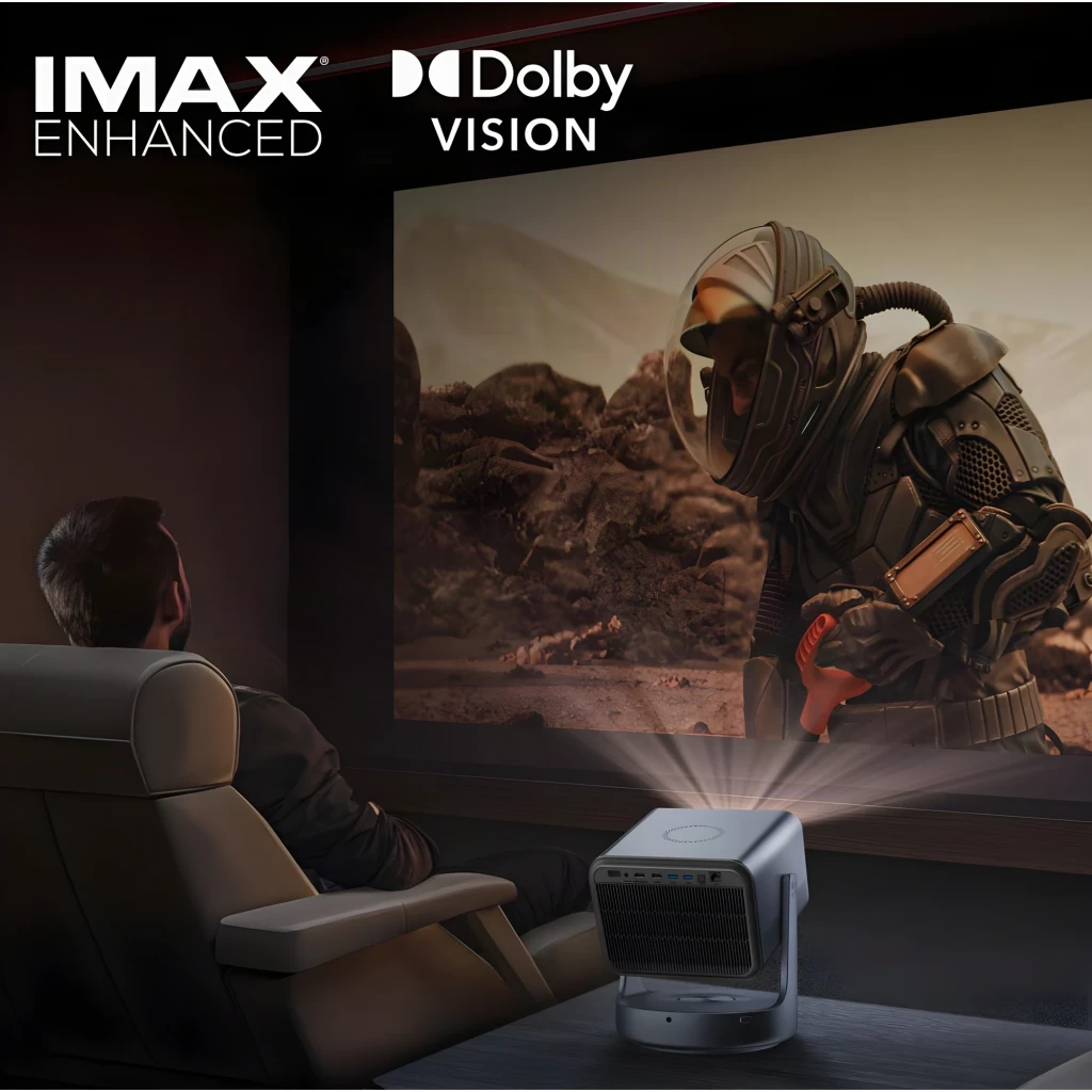 Hisense Proyector láser C2 Ultra DLP 4K UHD negro, vista trasera en ángulo: conectores HDMI USB LAN etiquetados, rejilla y - Ítem7