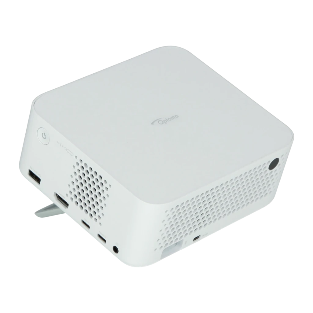 Optoma ML1080ST Full HD blanc, vue avant: objectif grand-angle, capteur IR et logo Optoma sur corps compact - Ítem1