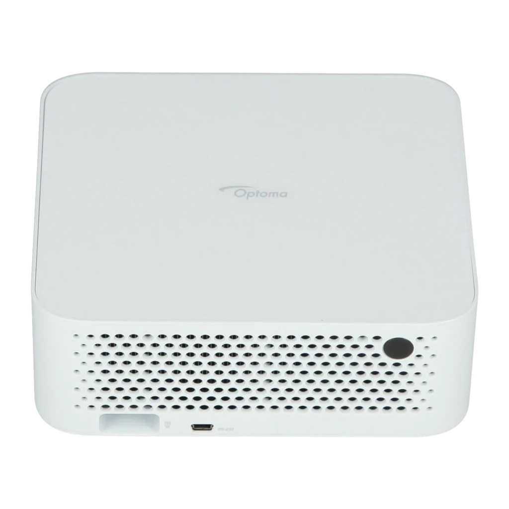 Optoma ML1080ST Full HD blanc, vue avant: objectif grand-angle, capteur IR et logo Optoma sur corps compact - Ítem3