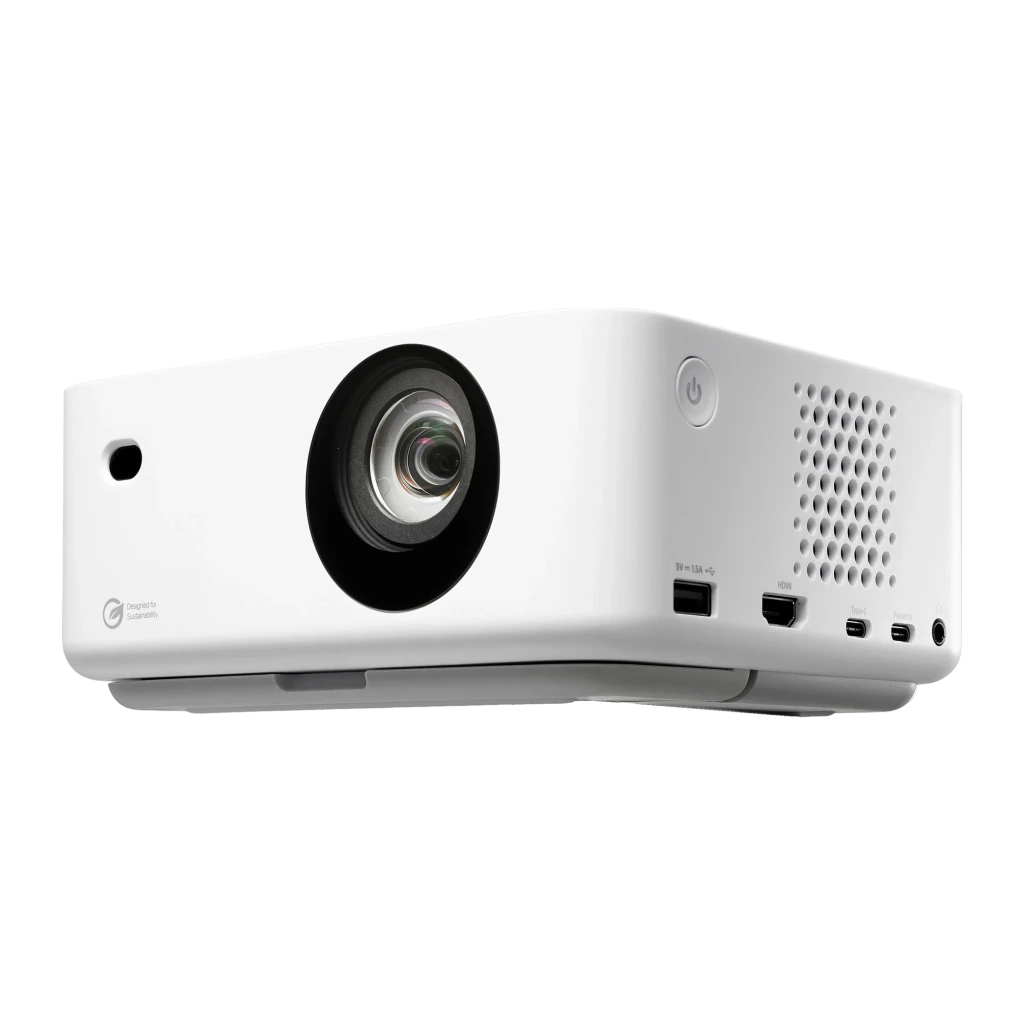 Optoma ML1080ST Full HD blanc, vue avant: objectif grand-angle, capteur IR et logo Optoma sur corps compact - Ítem4