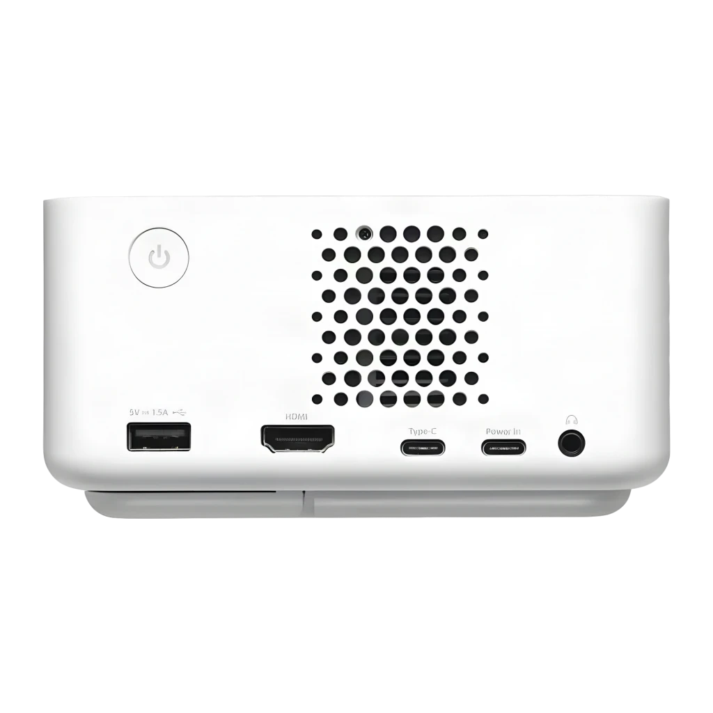 Optoma ML1080ST Full HD blanc, vue avant: objectif grand-angle, capteur IR et logo Optoma sur corps compact - Ítem5