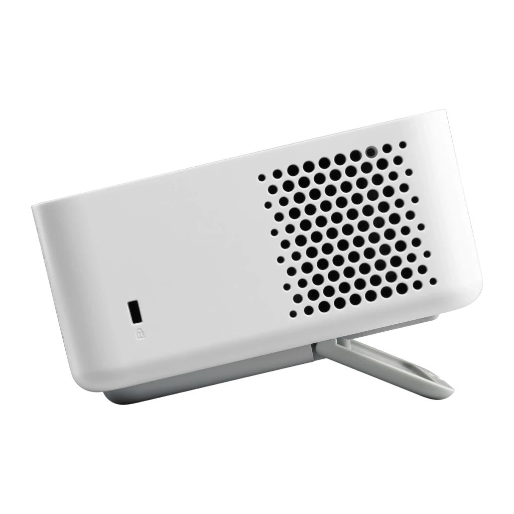 Optoma ML1080ST Full HD blanc, vue avant: objectif grand-angle, capteur IR et logo Optoma sur corps compact - Ítem6