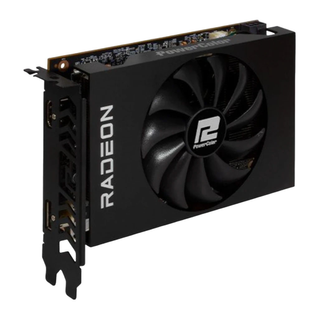 PowerColor Radeon RX 6500 XT ITX 4GB, contenido: tarjeta gráfica negra con ventilador único y caja de producto - Ítem1