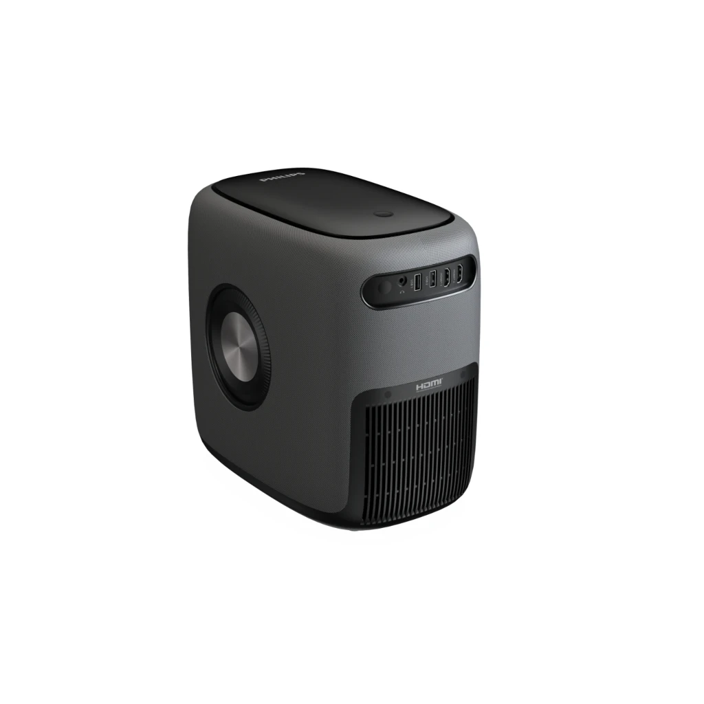 Philips NeoPix 950 Projecteur Smart LED Noir, vue avant en angle: objectif, molette de mise au point et corps textile gris - Ítem2