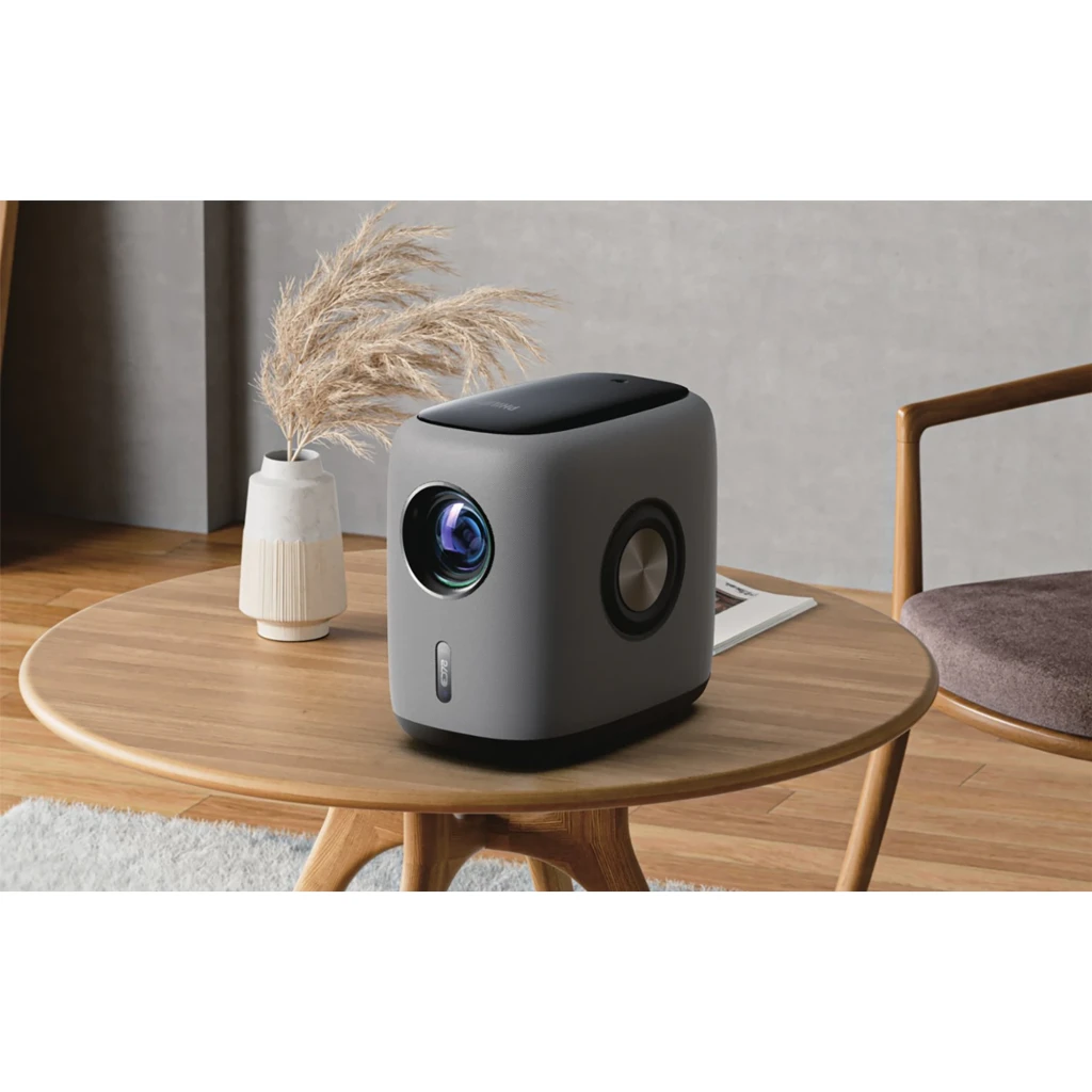 Philips NeoPix 950 Projecteur Smart LED Noir, vue avant en angle: objectif, molette de mise au point et corps textile gris - Ítem4