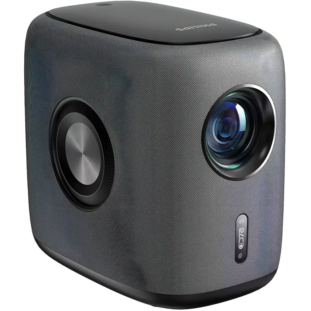 Philips NeoPix 950 Projecteur Smart LED Noir, vue avant en angle: objectif, molette de mise au point et corps textile gris - Ítem1
