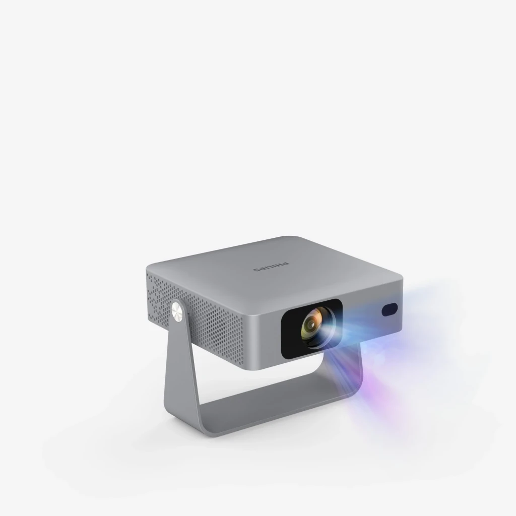 Philips NeoPix 256 Projector Full HD gris, vue avant: objectif grand-angle doré et support métallique déplié - Ítem5