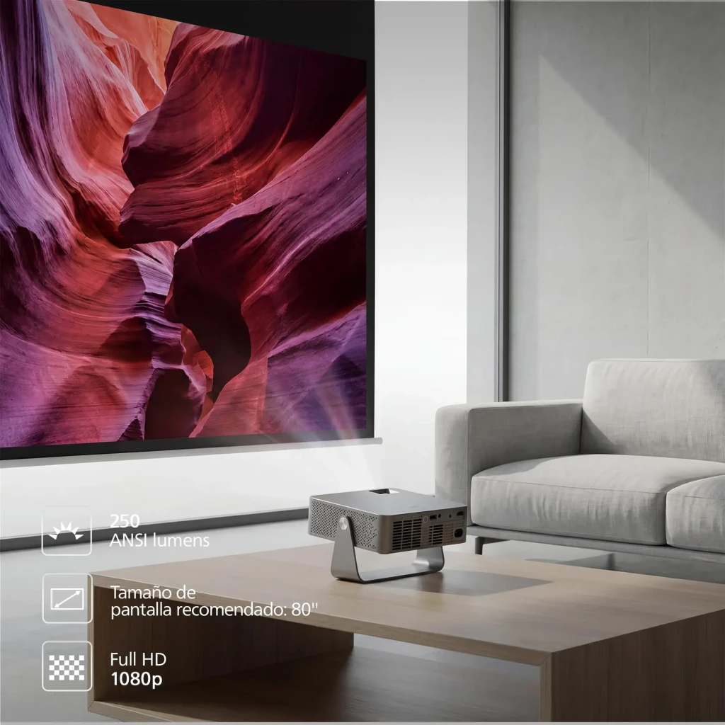 Philips NeoPix 256 Projector Full HD gris, vue avant: objectif grand-angle doré et support métallique déplié - Ítem7
