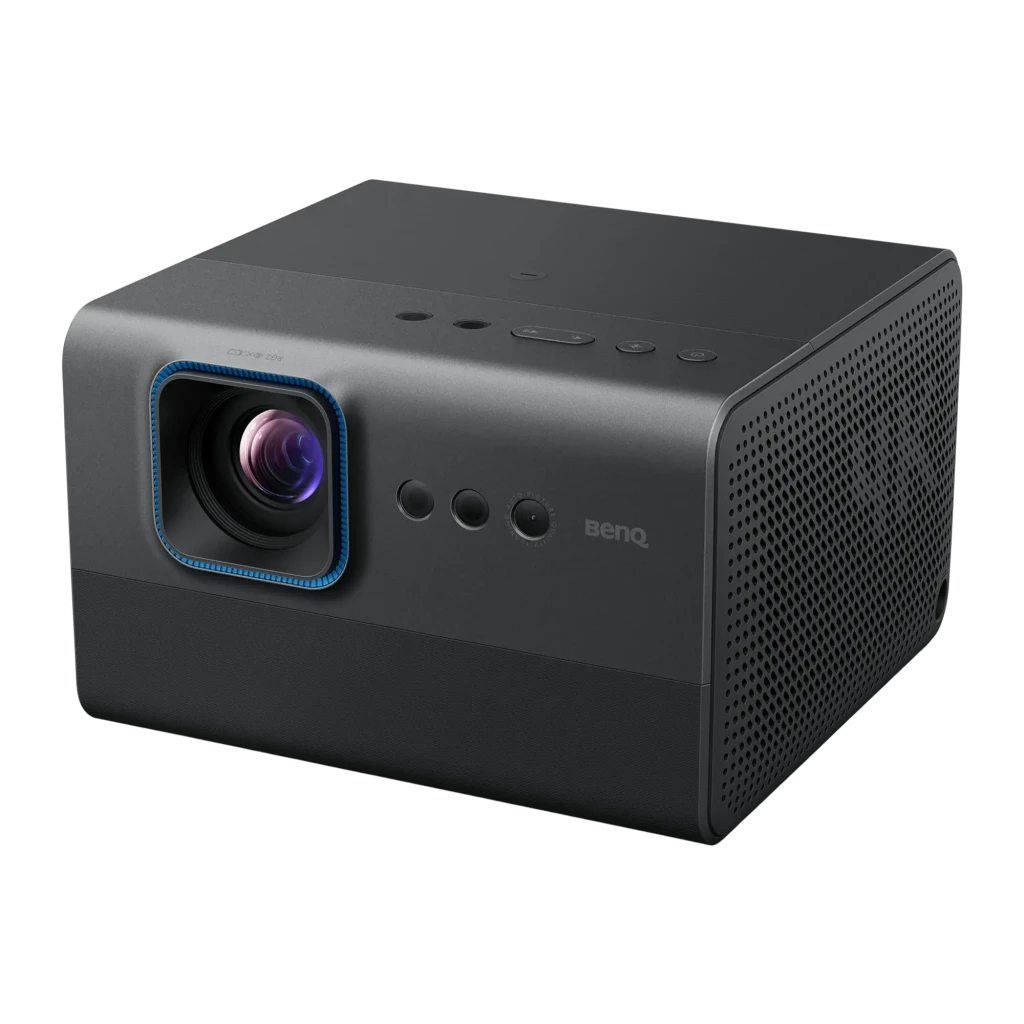 BenQ Proyector GP520 4K UHD DLP 2600lm gris, vista frontal: objetivo con aro azul, sensores y logo BenQ - Ítem1