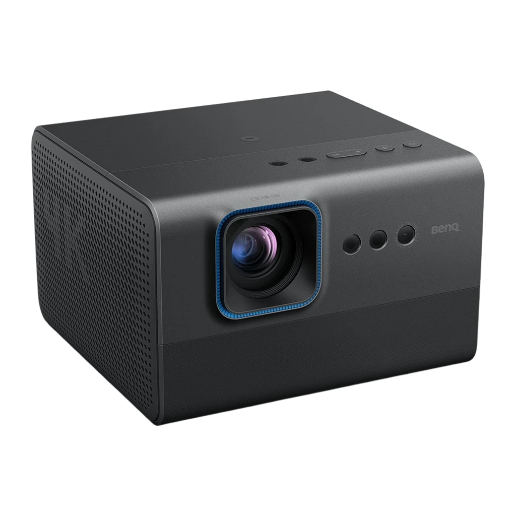 BenQ Proyector GP520 4K UHD DLP 2600lm gris, vista frontal: objetivo con aro azul, sensores y logo BenQ - Ítem3