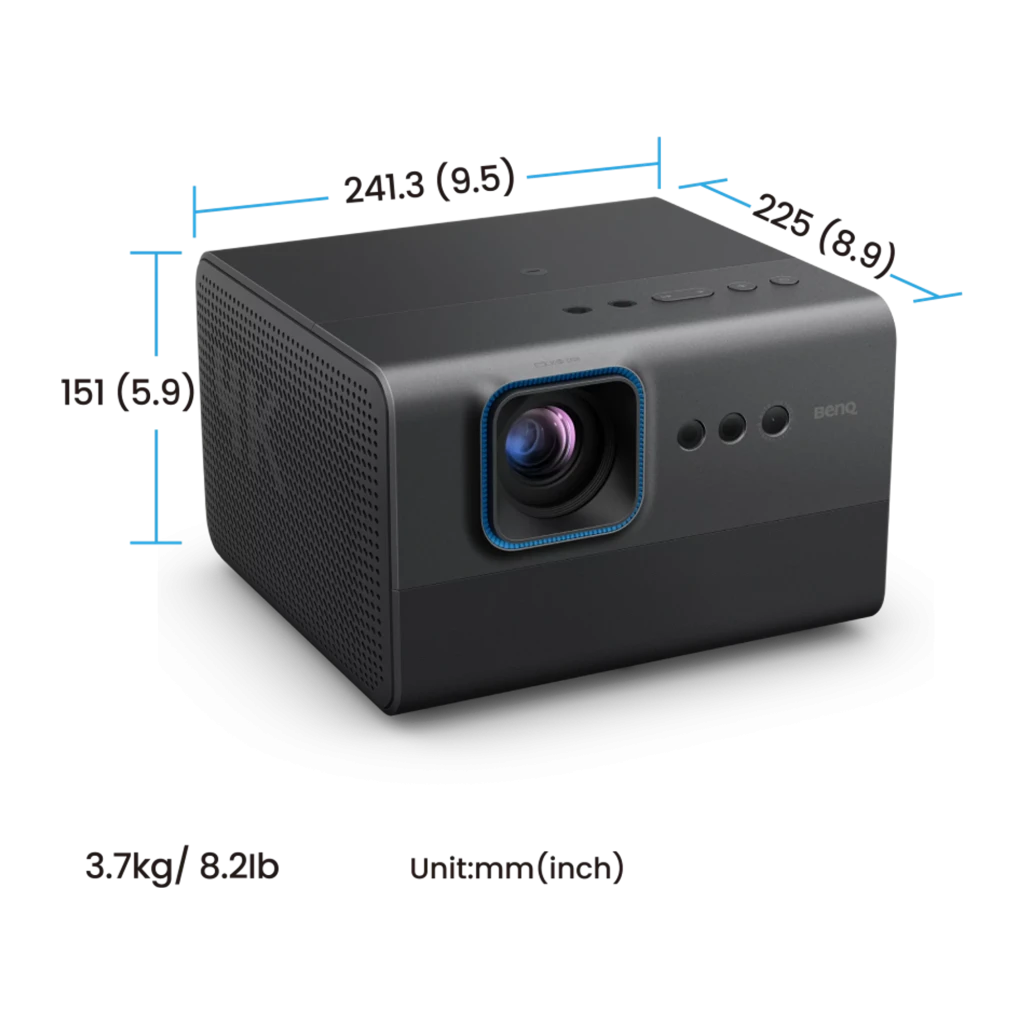BenQ Proyector GP520 4K UHD DLP 2600lm gris, vista frontal: objetivo con aro azul, sensores y logo BenQ - Ítem5