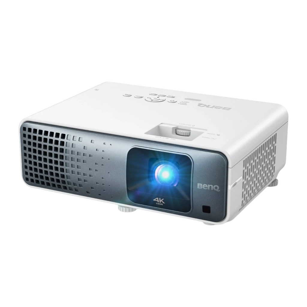 BenQ Proyector TK710 4K UHD DLP negro, vista frontal superior: lente con reflejo azul, rejilla lateral y botones en la tapa - Ítem2