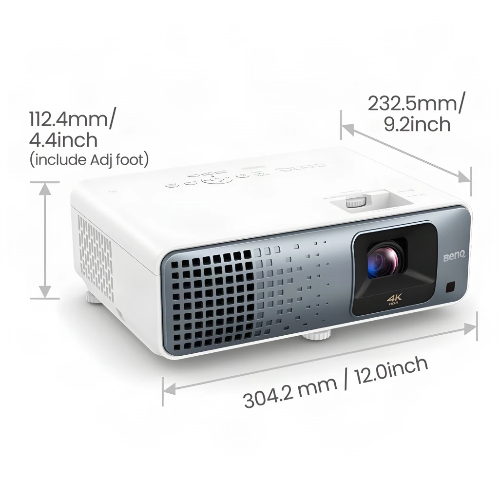 BenQ Proyector TK710 4K UHD DLP negro, vista frontal superior: lente con reflejo azul, rejilla lateral y botones en la tapa - Ítem5