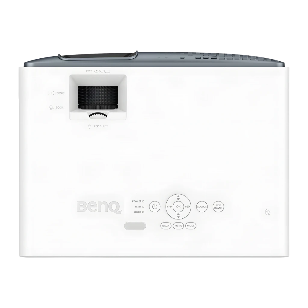 BenQ Proyector TK710 4K UHD DLP negro, vista frontal superior: lente con reflejo azul, rejilla lateral y botones en la tapa - Ítem6