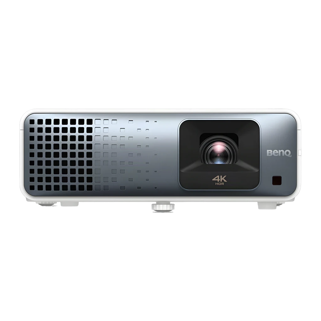 BenQ Proyector TK710 4K UHD DLP negro, vista frontal superior: lente con reflejo azul, rejilla lateral y botones en la tapa - Ítem3
