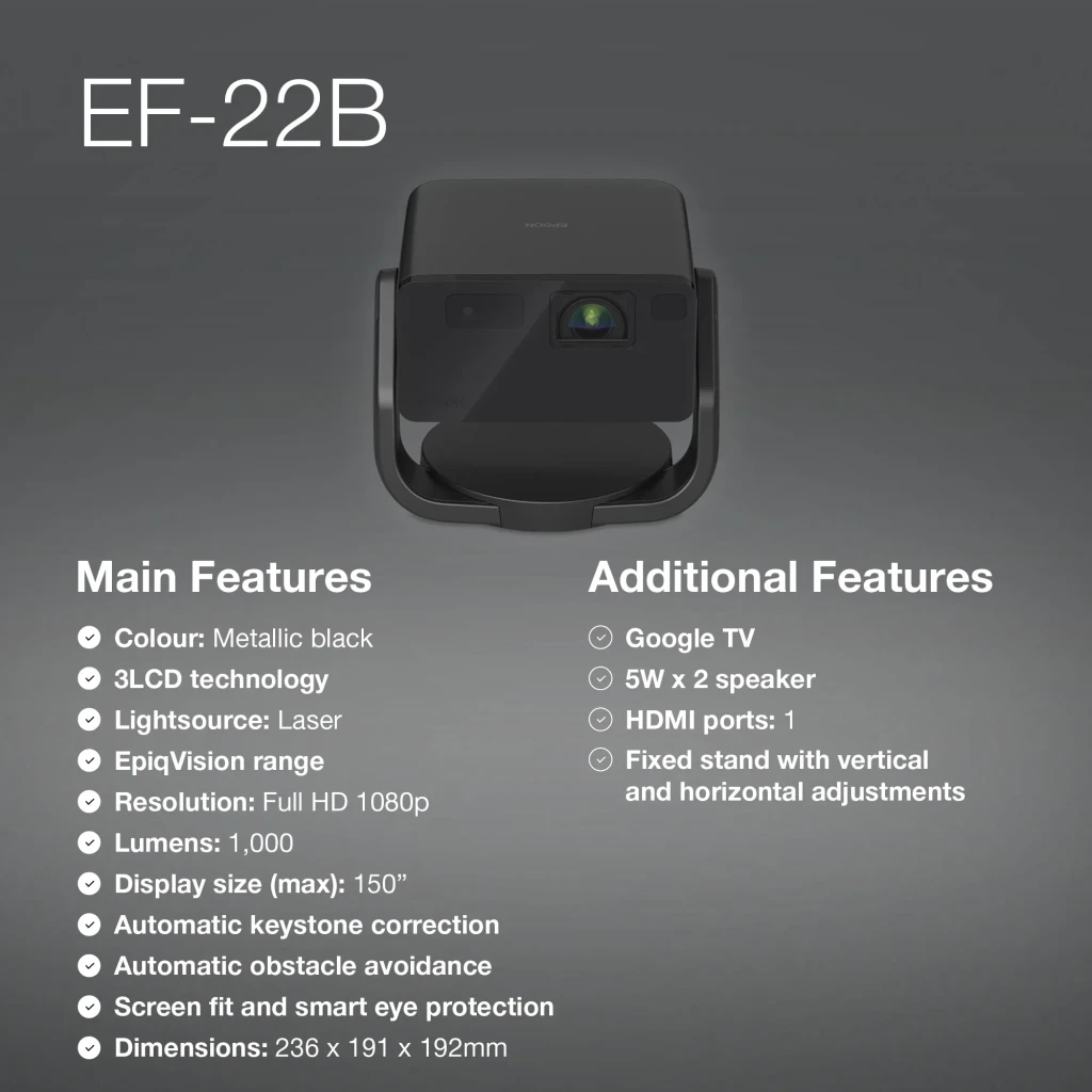Epson Projecteur EF-22B Noir, vue de face: objectif central, logo Epson et support en U intégré - Ítem5