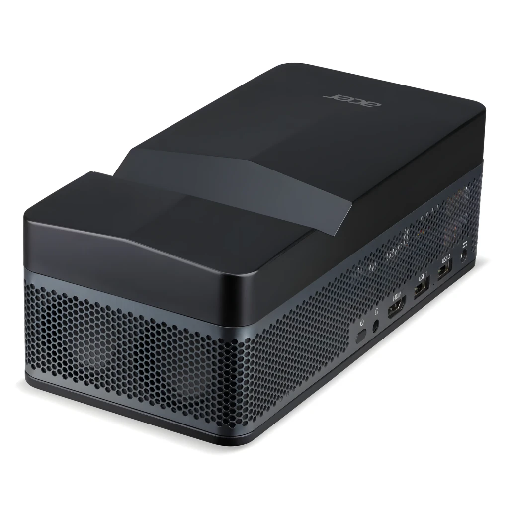 Acer Proyector PD1520Us 16GB negro, vista lateral: lente ultracorta, rejilla ventilación y puertos HDMI y USB visibles - Ítem6