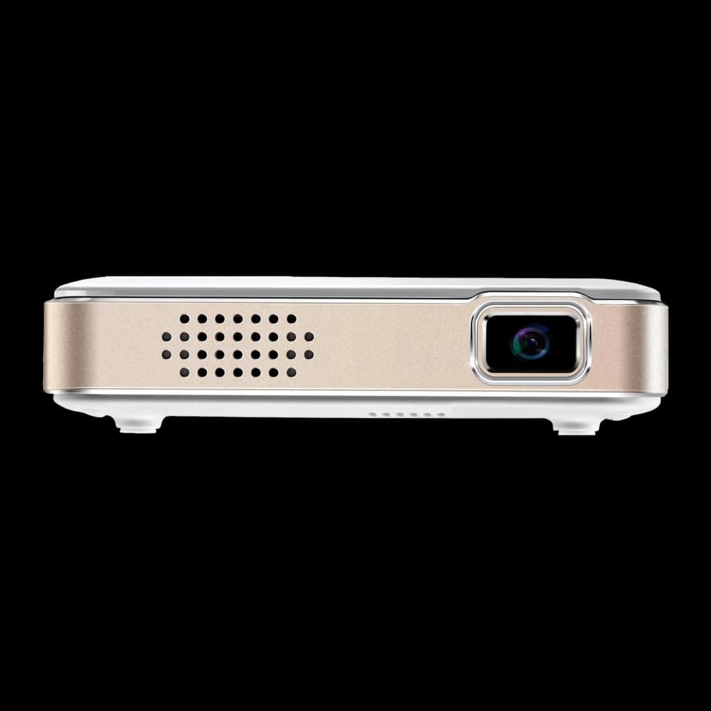 Kodak Luma 150 projecteur blanc, vue latérale: objectif DLP et grille de haut-parleur sur boîtier doré