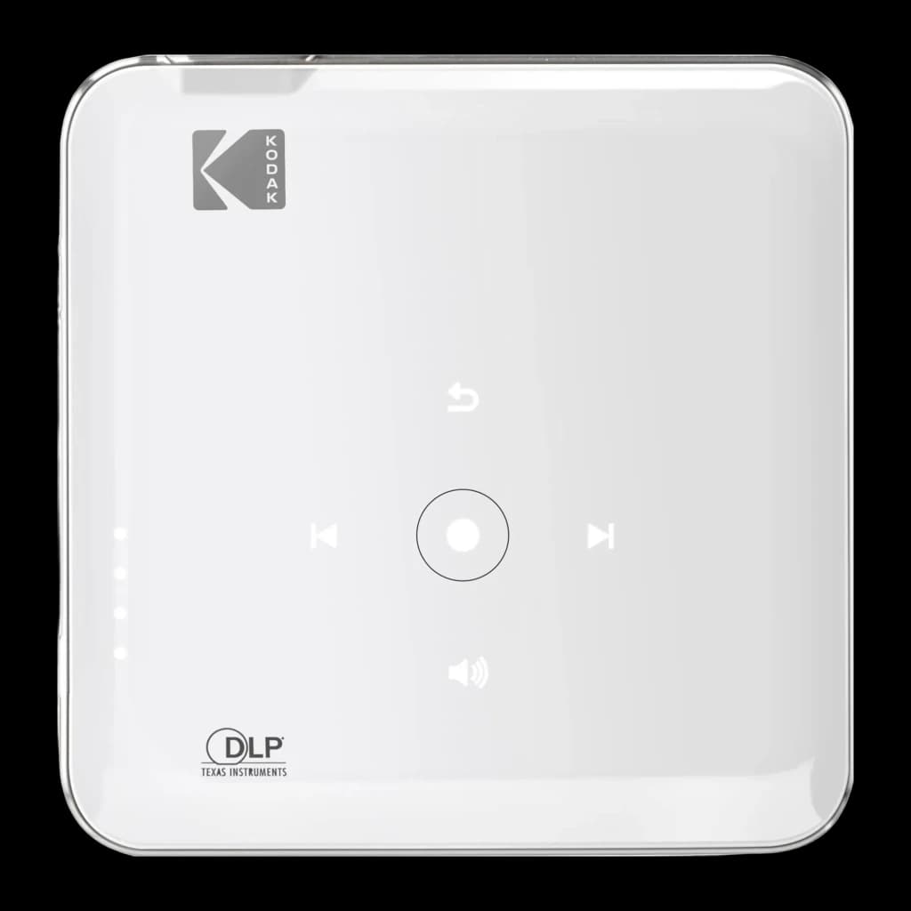 Kodak Luma 150 projecteur blanc, vue du dessus: panneau tactile avec commandes de lecture et logo DLP Texas Instruments