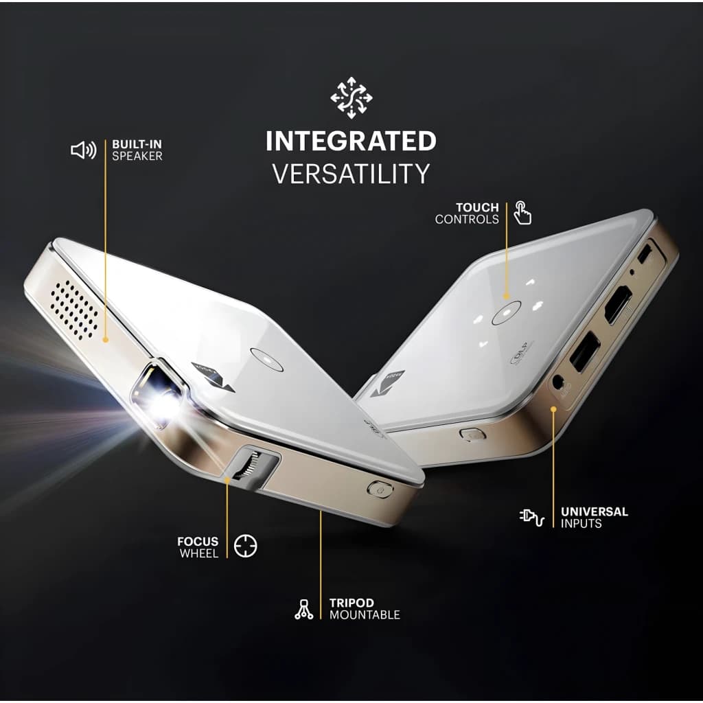 Kodak Luma 150 projecteur portable blanc, infographie: haut-parleur, objectif avec faisceau lumineux, molette de mise au