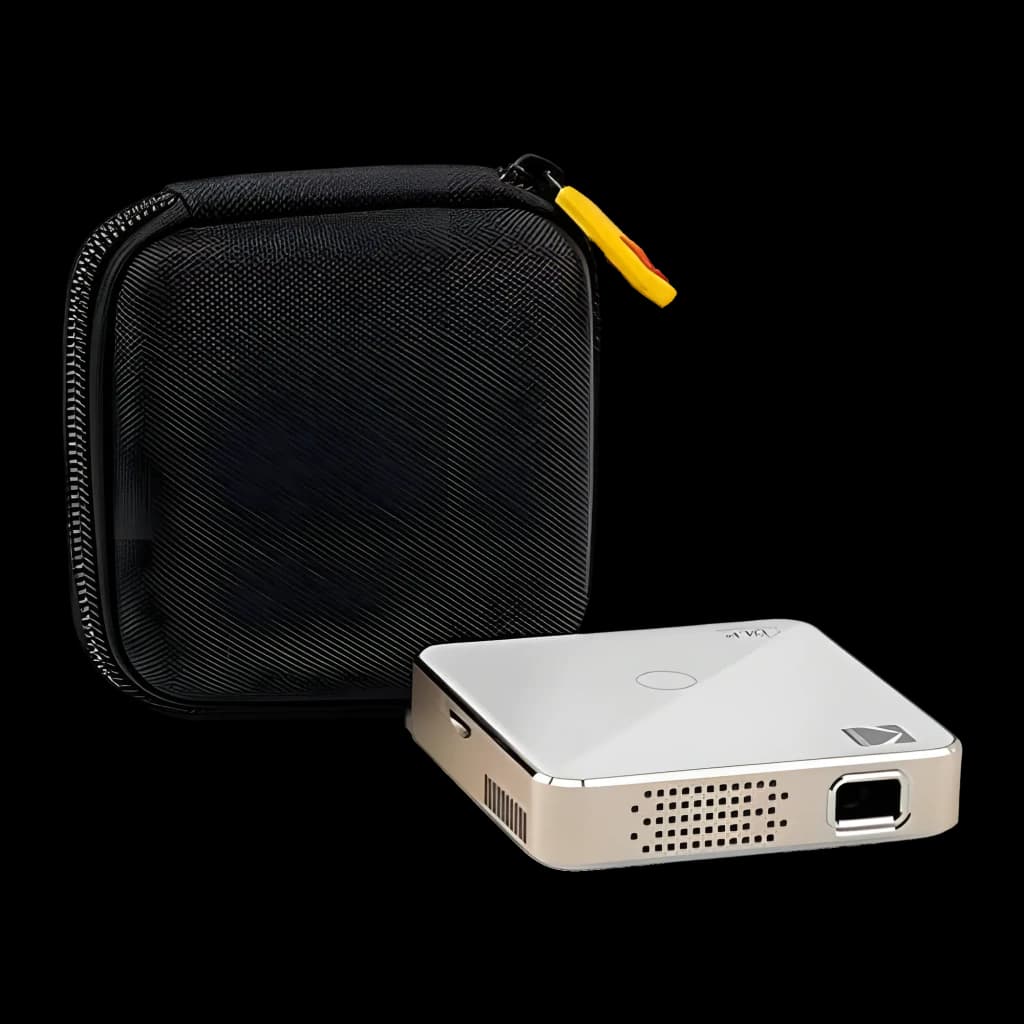 Kodak Luma 150 projecteur blanc, vue ensemble: projecteur compact avec étui de transport noir et tirette jaune