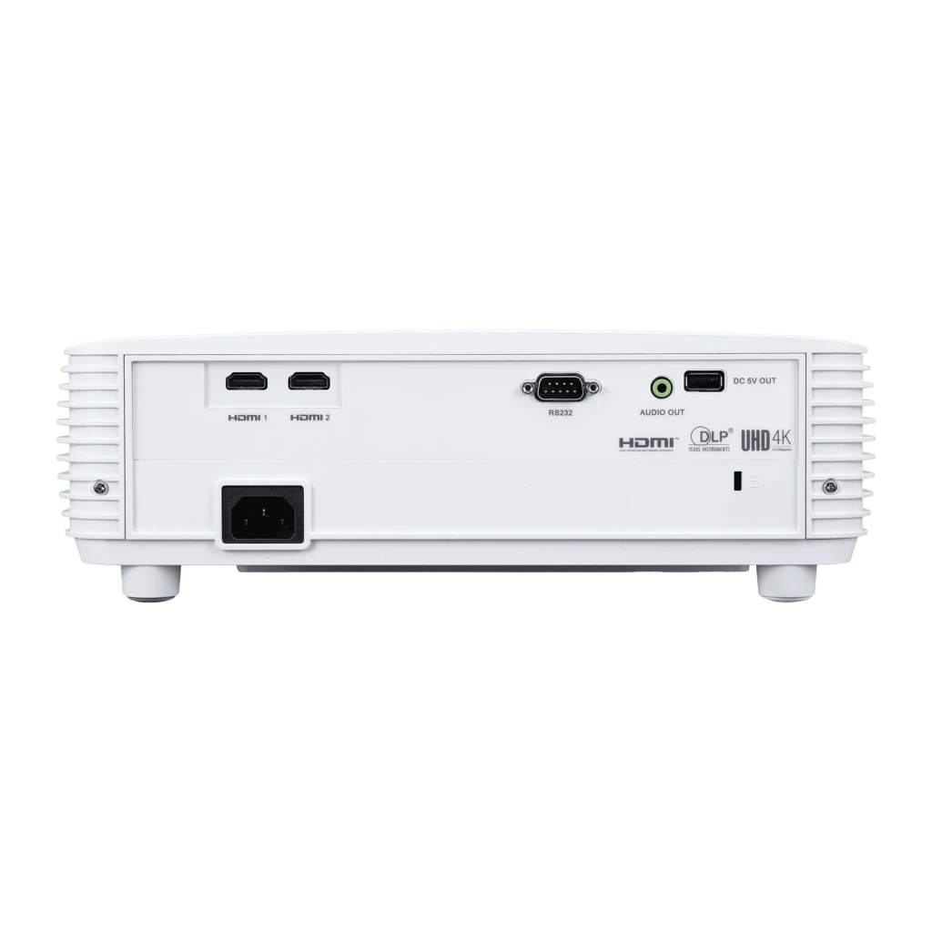 Acer Proyector H6815GTV 4K UHD Blanco, vista frontal en ángulo: lente iluminada, rejillas de ventilación y logo Acer - Ítem1