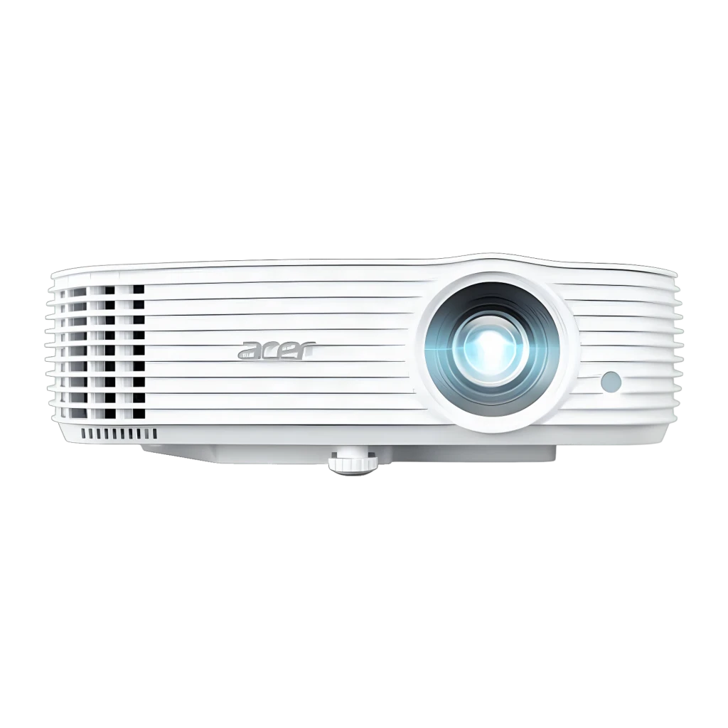 Acer Proyector H6815GTV 4K UHD Blanco, vista frontal en ángulo: lente iluminada, rejillas de ventilación y logo Acer - Ítem6