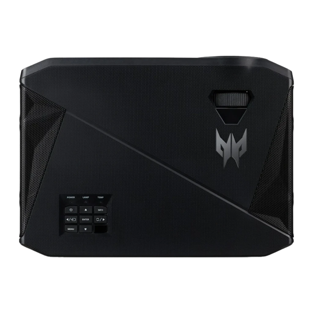 Acer Proyector Predator GD712 DLP UHD 4K negro, vista frontal: objetivo iluminado y logo Predator en carcasa texturizada - Ítem1