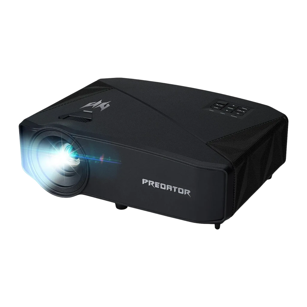 Acer Proyector Predator GD712 DLP UHD 4K negro, vista frontal: objetivo iluminado y logo Predator en carcasa texturizada - Ítem2